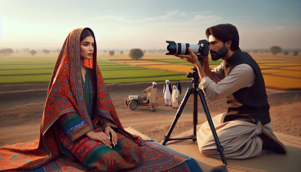 A South Asian photographer, dressed in traditional Pakistani attire, meticulously frames a portrait of a serene Pakistani woman draped in a vibrant shawl amidst a picturesque rural landscape, embodying 'The Art of Portrait Photography in Pakistan' by capturing cultural diversity and depth.