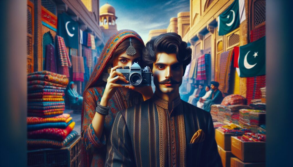 A Middle-Eastern female photographer with a vintage camera captures the diversity and depth of Pakistani culture by focusing on a South Asian male subject dressed in traditional attire, set against the vibrant backdrop of a bustling market.