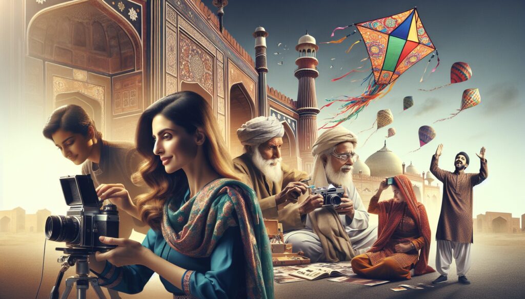 A South Asian female photographer in traditional Pakistani attire captures the art of portrait photography in Pakistan, showcasing diversity with a young boy flying a Basant festival kite, an elderly man playing a rubab, and a Caucasian woman admiring historical architecture.
