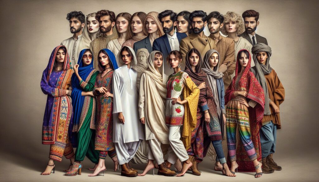 Depicting the evolution of fashion photography in Pakistan, the image showcases vibrant styles from different periods with a modern Middle Eastern female model and a South Asian male model in traditional attire, highlighting the contrast between old and new trends and techniques.
