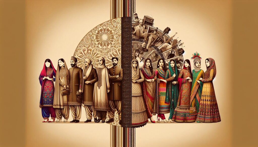 The evolution of fashion photography in Pakistan is vividly depicted through contrasting sides that showcase classic Pakistani attire in sepia tones alongside vibrant modern trends, highlighting the transformative journey with elements of photography techniques.