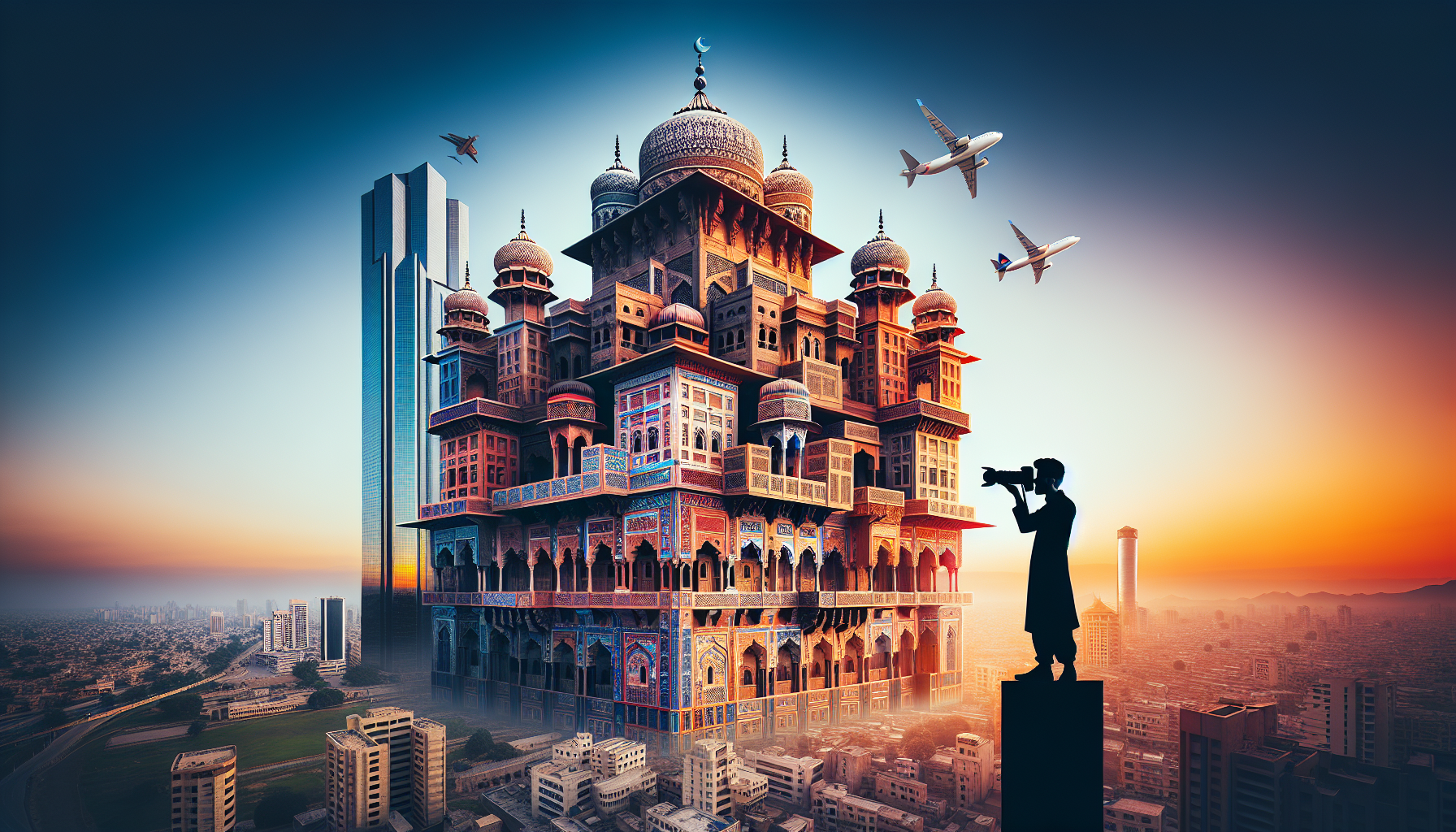 The Ultimate Guide to Architectural Photography in Pakistan: Discover Heritage, Modern Marvels & Techniques The ultimate guide to architectural photography in Pakistan is vividly illustrated through the contrasting imagery of an intricate Mughal-style building alongside a sleek modern skyscraper, subtly enhanced by a photographer's silhouette, showcasing the captivating blend of heritage and contemporary marvels.