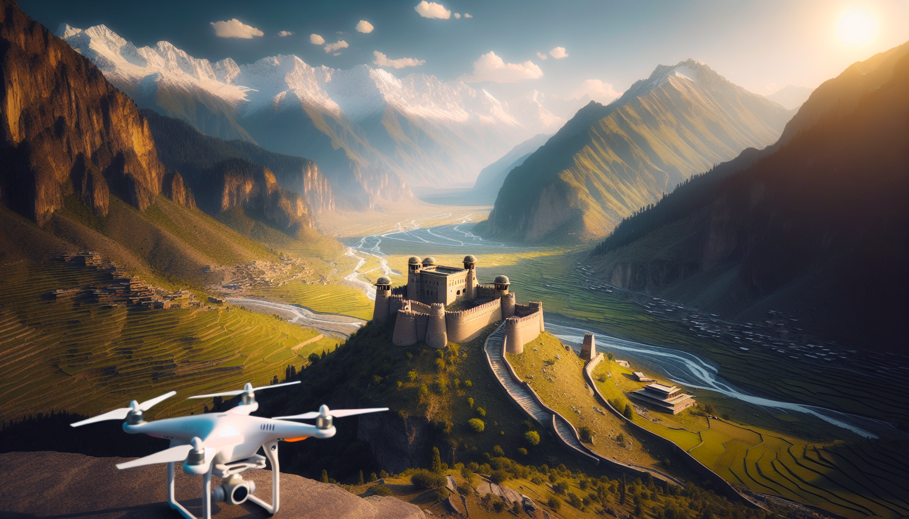 The Ultimate Guide to Drone Photography in Pakistan: Stunning Landscapes & Unique Perspectives Snow-capped mountain ranges, lush green valleys, and an ancient fort create breathtaking aerial views in Pakistan, captured through drone photography in this stunning image.