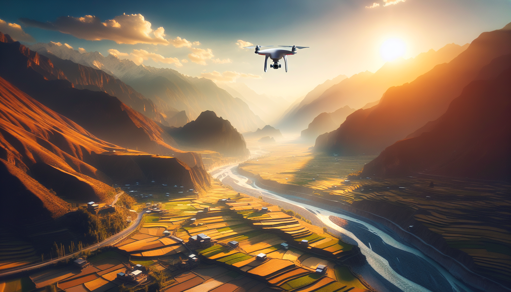 The Ultimate Guide to Drone Photography in Pakistan: Stunning Landscapes & Unique Perspectives Drone capturing breathtaking aerial views over Pakistan's stunning landscapes, featuring mountains, rivers, and agricultural fields bathed in warm light, perfectly illustrating 'The Ultimate Guide to Drone Photography in Pakistan'.