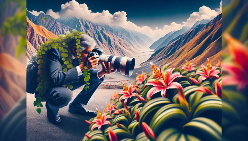 A South Asian photographer expertly uses professional gear to capture the intricate details of a stunning flower, embodying the essence of macro photography in Pakistan's diverse landscapes.