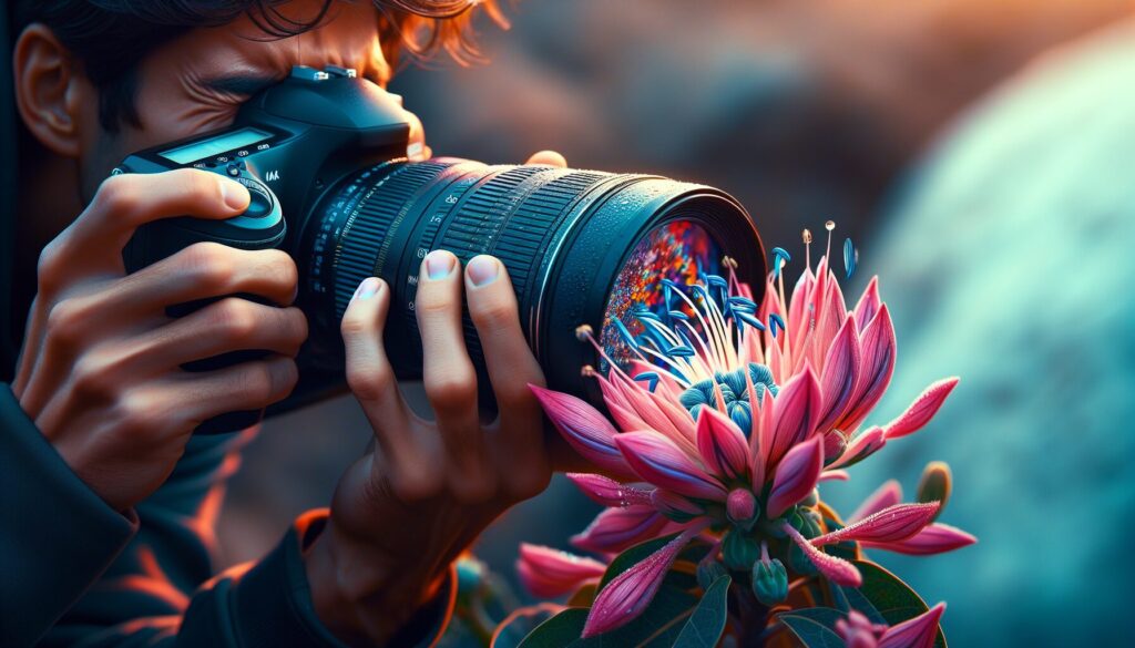A South Asian male photographer, equipped with a professional macro lens, captures the intricate details of a native Pakistani flower, embodying 'The Ultimate Guide to Macro Photography in Pakistan' by highlighting the vibrant colors and glistening droplets.