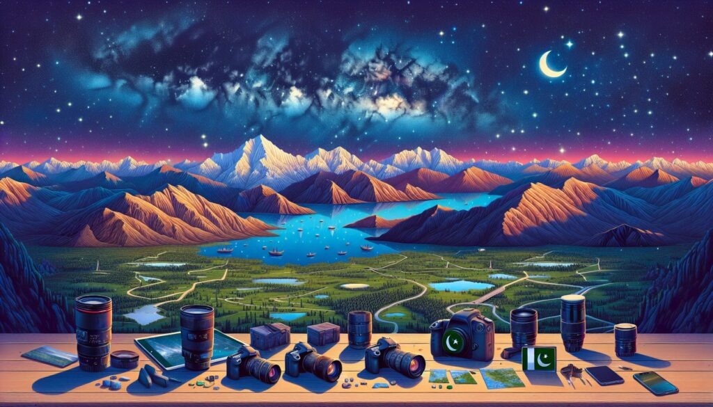 Experience the ultimate guide to night sky photography in Pakistan with an illustration showcasing its majestic mountains, vast desert, lush countryside, tranquil lakes, and quiet coastal areas, all beneath a vibrant, starlit sky, complete with strategically placed professional photography gear for capturing the cosmos.