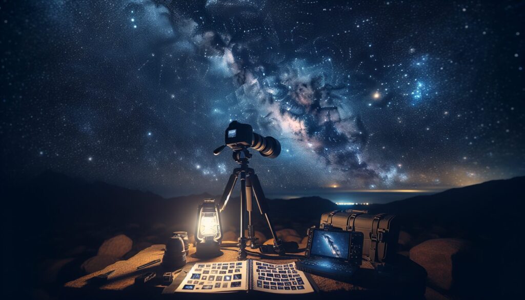 Capture the cosmos in Pakistan with a professional camera on a tripod, surrounded by a dimly lit setup featuring notes on night sky photography techniques, set against a breathtaking backdrop of the star-studded Milky Way.