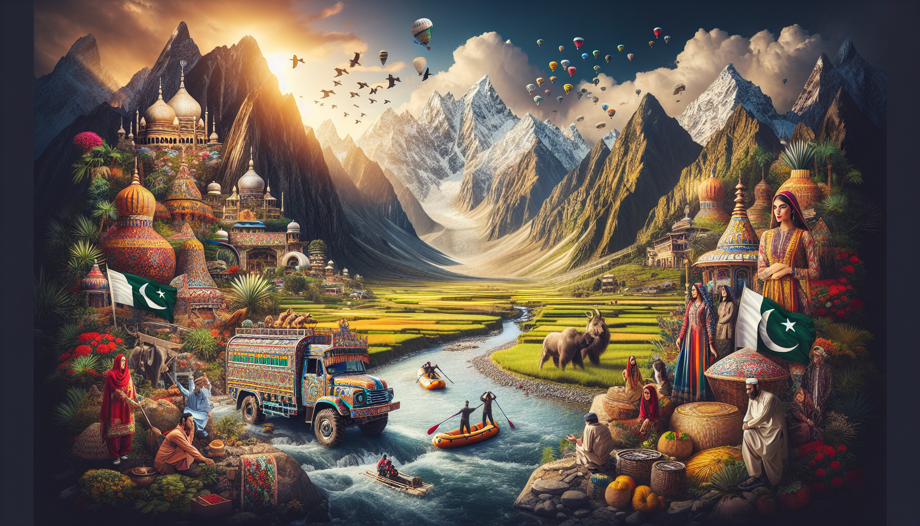 Capture the essence of travel photography in Pakistan with a stunning scene of towering mountains, lush fields, and scenic rivers, highlighting the vibrant culture through decorated vehicles, traditional crafts, and colorful attire, while adventurers hike and raft amidst these breathtaking landscapes.