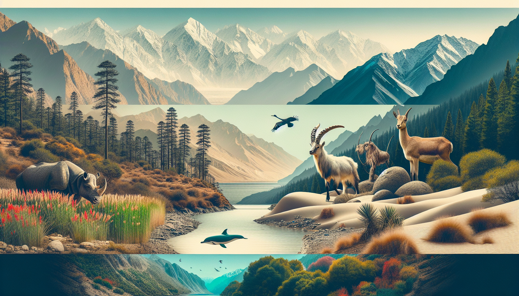The Ultimate Guide to Wildlife Photography in Pakistan: Capture Rare Species & Scenic Landscapes The Ultimate Guide to Wildlife Photography in Pakistan comes alive with a stunning visual of diverse landscapes, showcasing a majestic Markhor goat in the snow-capped mountains, a rare Indus dolphin gliding through a serene river, and a Houbara bustard elegantly navigating the arid desert.