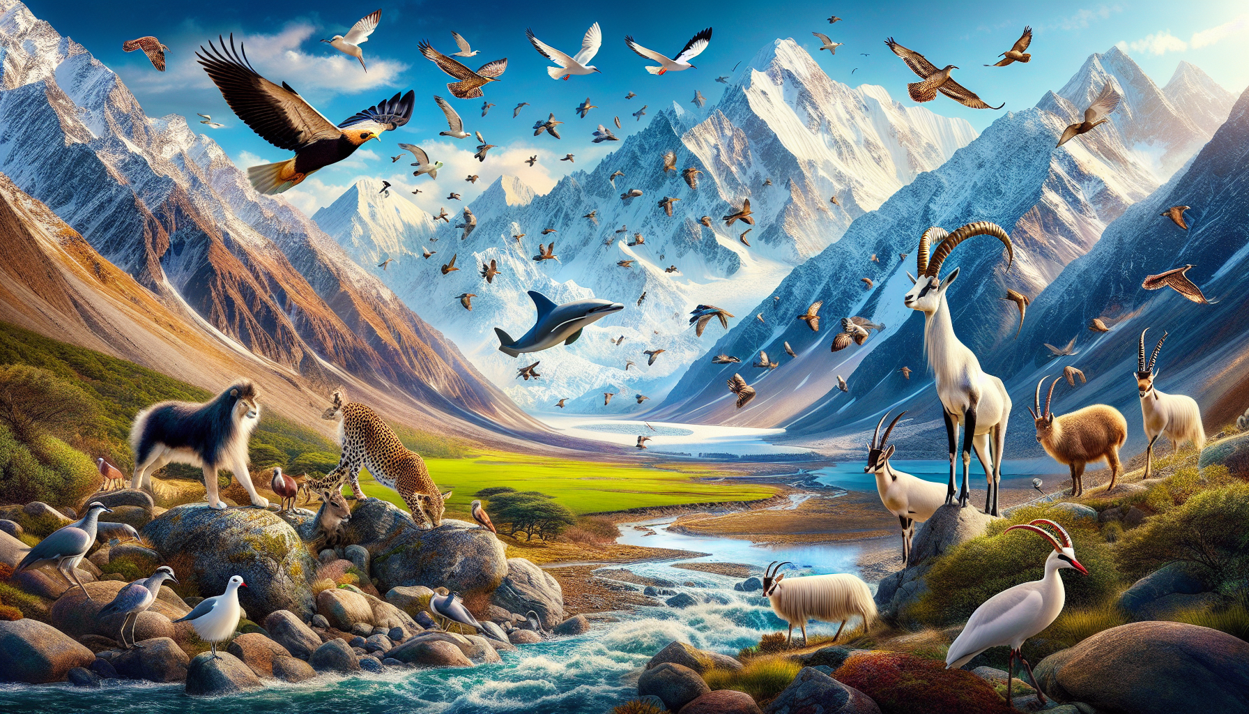 The Ultimate Guide to Wildlife Photography in Pakistan: Capture Rare Species & Scenic Landscapes Capturing the essence of wildlife photography in Pakistan, this vibrant scene features a majestic Himalayan leopard, exotic Sind wild goats, a rare Indus river dolphin, and sociable lapwings amidst breathtaking views of K2, Punjab plains, and Balochistan's desert, embodying 'The Ultimate Guide to Wildlife Photography in Pakistan: Master Nature's Beauty'.