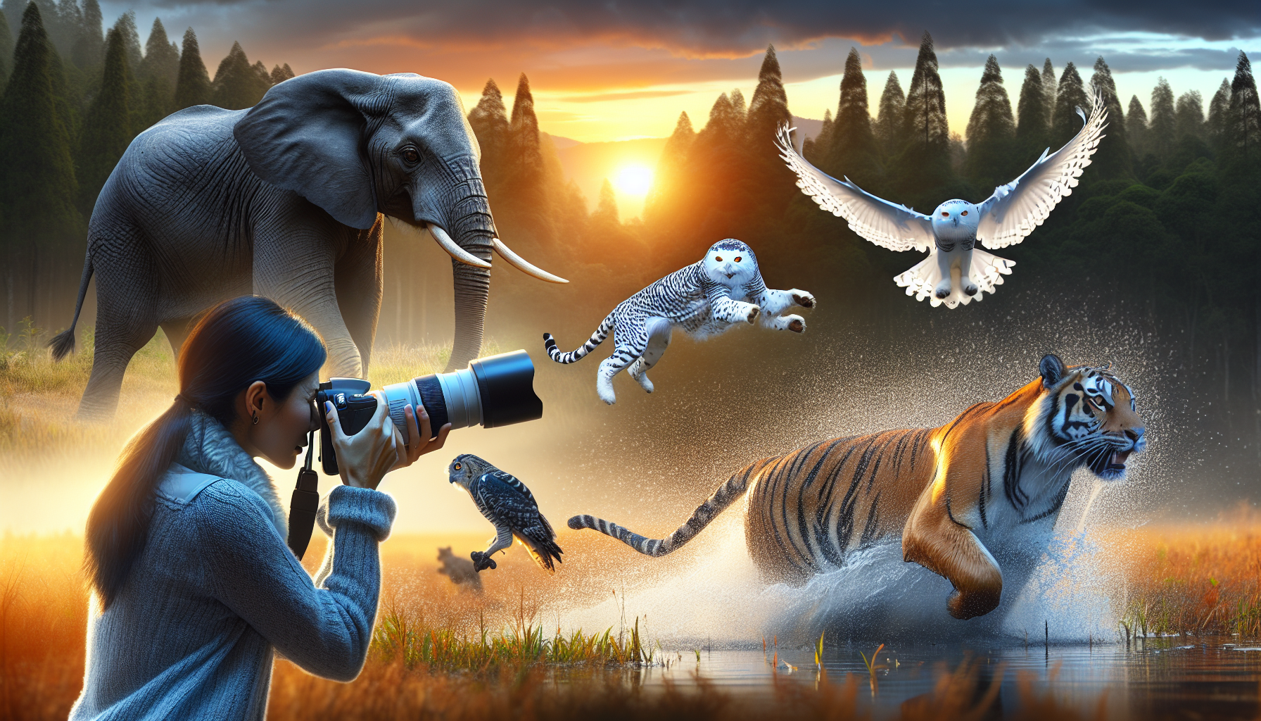 A skilled Hispanic female wildlife photographer adjusts her camera to capture motion and emotion, as a black African elephant sprays water, a white snowy owl soars mid-flight, and an Asian tiger pursues prey against a backdrop of a stunning sunset and untouched forest.