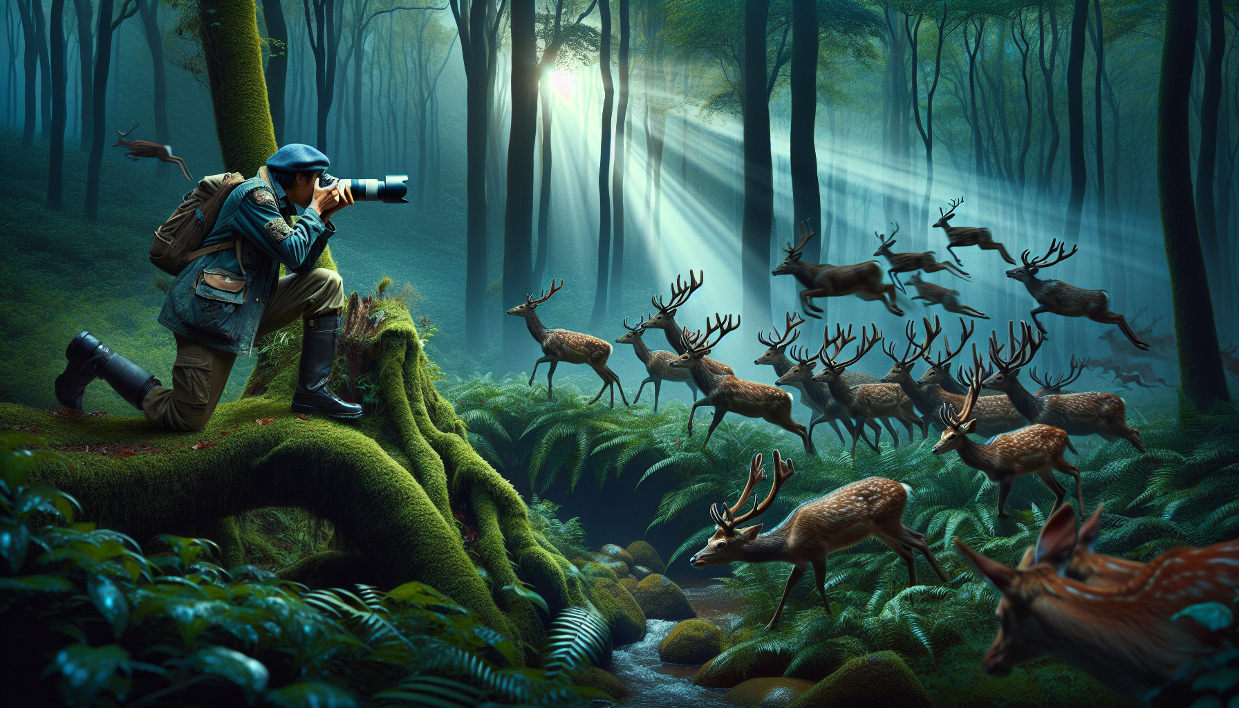 In a lush forest, an intrepid male photographer of East Asian descent captures the dynamic motion and emotion of wildlife, focusing on a group of deer in various stages of motion to showcase advanced wildlife photography techniques.