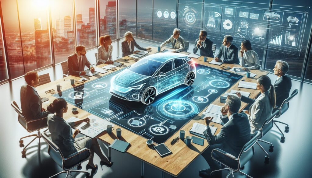 Diverse group discusses V2G strategy around table with holographic electric car in modern, naturally lit meeting room.