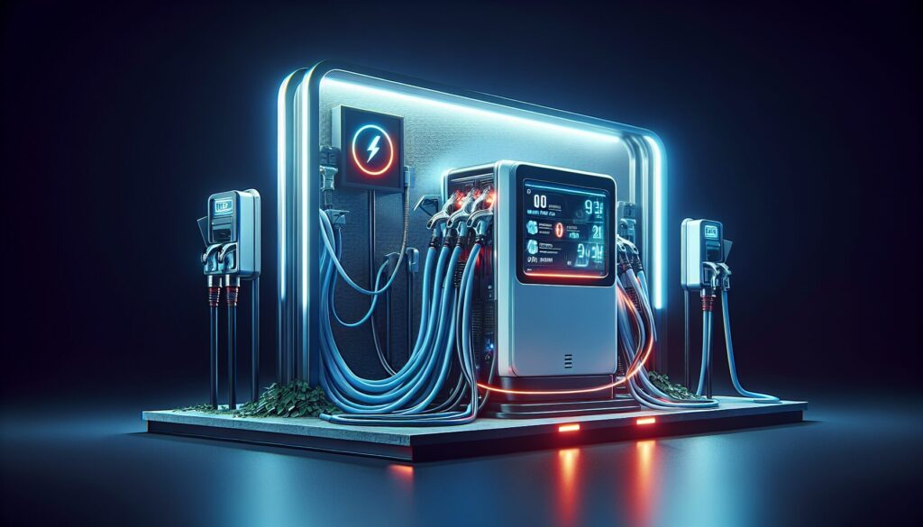A modern EV charging station with disorganized cables and a meter showing harmful charging levels, highlighting improper practices.