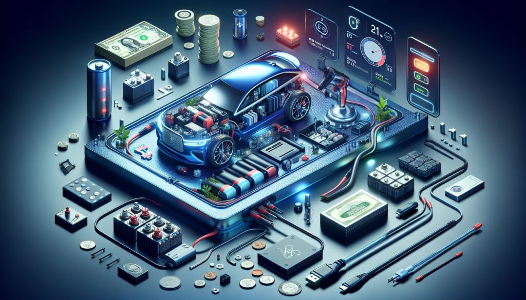 Technician examining an electric vehicle battery with diagnostic tools under bright lighting, highlighting battery health assessment.
