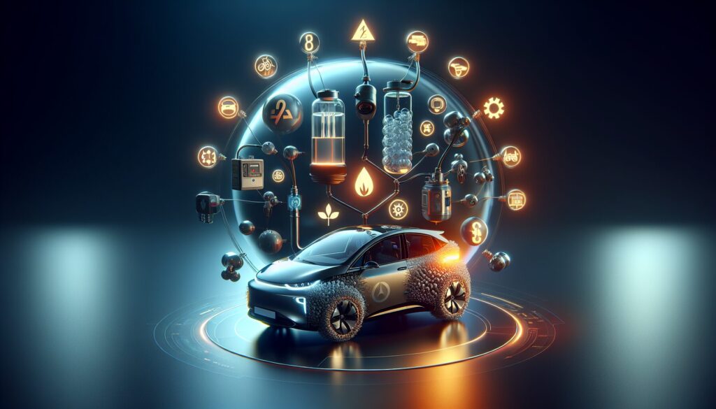 10 Mistakes to Avoid with Hydrogen Fuel Cells A person examines electric car components, highlighting hydrogen fuel cell safety with artistic lighting and precise detail.