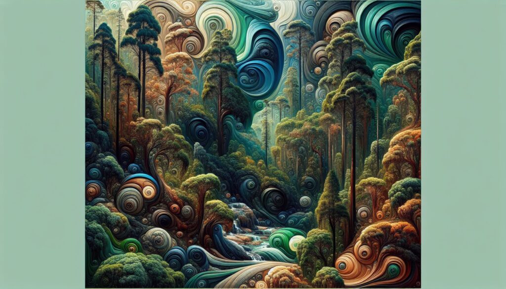 Abstract view of an Australian forest with varied greens, browns, blues, and vivid accents showcasing nature's textures and patterns.