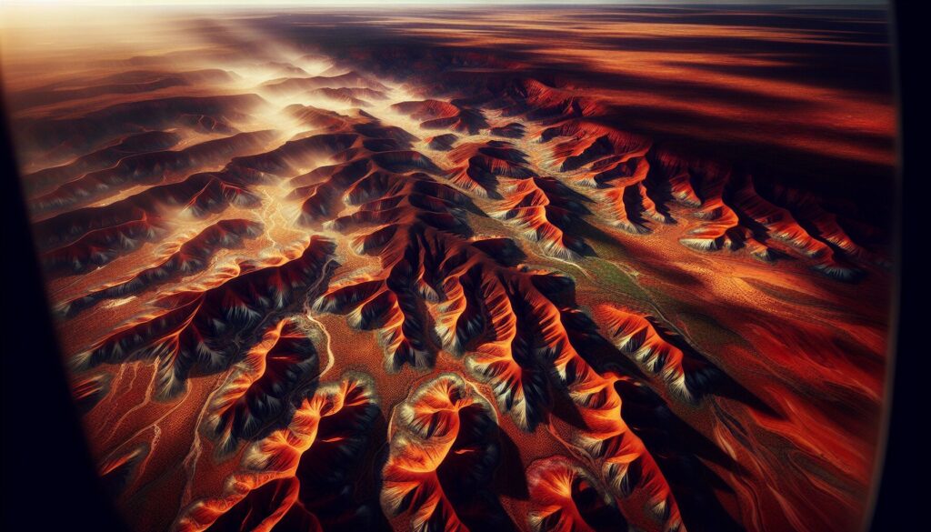 Vast red and orange soil with green patches, dramatic shadows, and textured erosion create abstract beauty in the Australian Outback.
