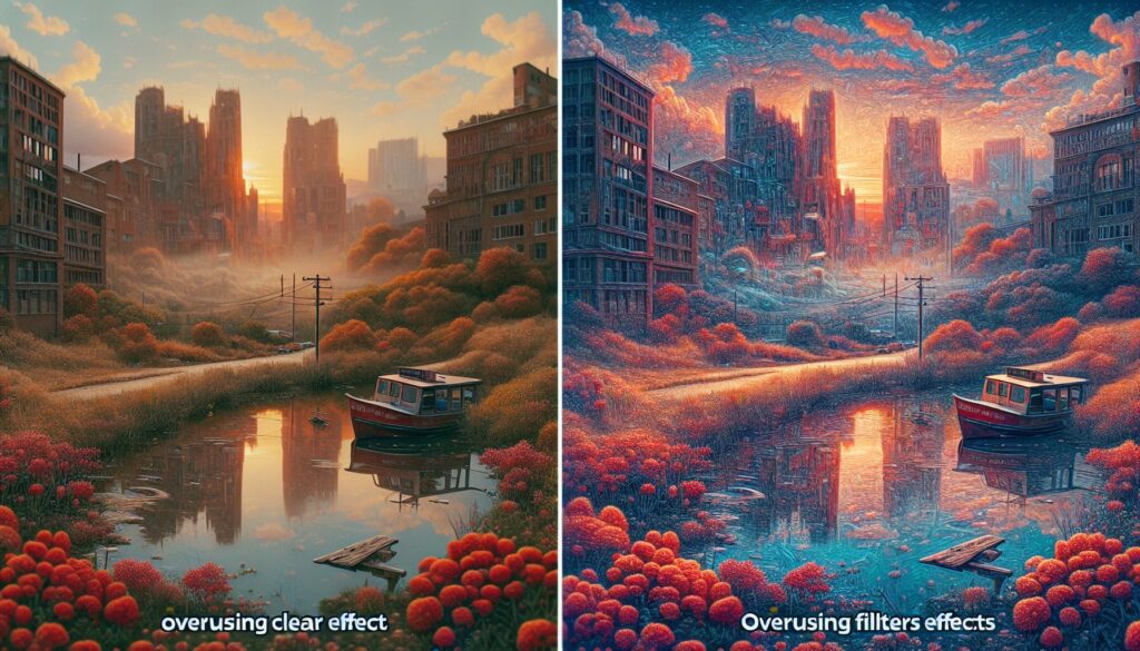 Side-by-side photo comparison showing original image on left and over-filtered, distorted, and overly saturated version on right.