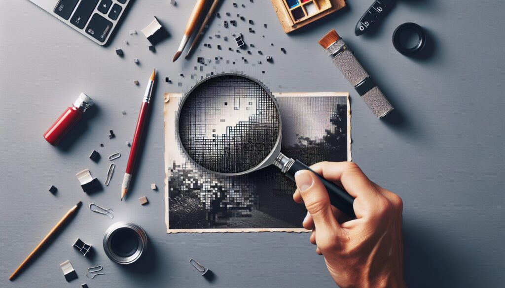 A hand holds a worn magnifying glass over a pixelated photo on a minimalist desk with scattered photography tools.