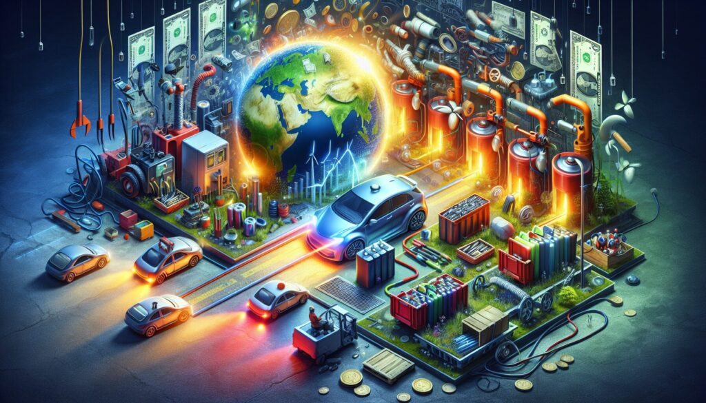 Artistic composition of EV battery recycling, highlighting technology and nature, subtly hinting at recycling choice consequences.