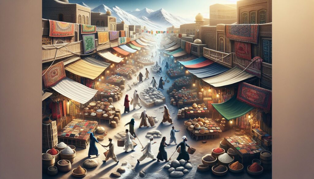 Pakistan's vibrant markets come alive in this image, showcasing bustling bazaars filled with traditional stalls of textiles, spices, and handicrafts, while subtly portraying the regulatory and economic challenges merchants face as part of their everyday hustle.