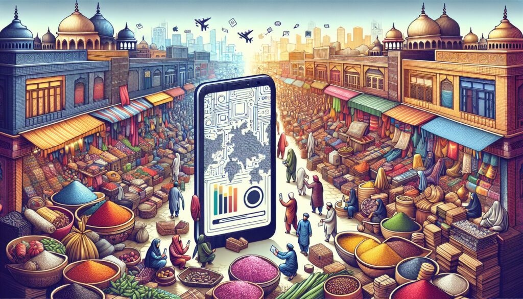 Bustling Pakistani market scene brimming with spices, textiles, and pottery, seamlessly integrated with digital platforms like e-commerce and social media, perfectly illustrating 5 essential tips for capturing Pakistan's vibrant markets.