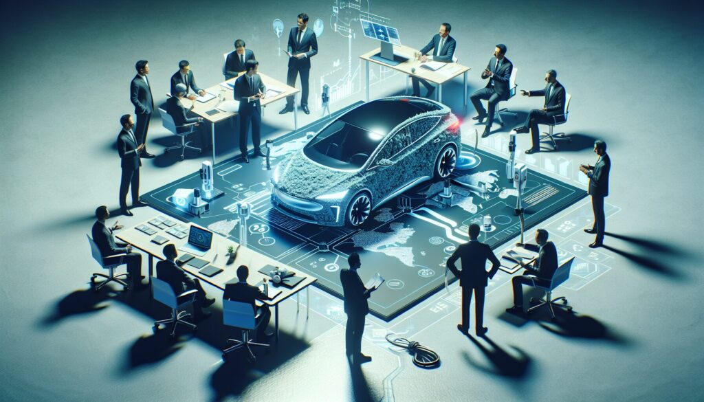 Electric cars and industry stakeholders engaged in a high-tech meeting, showcasing V2G technology collaboration.