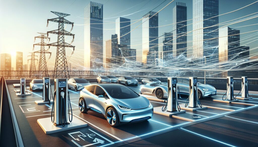 Electric cars at charging stations against a modern cityscape with visible power grid lines and electric wires.