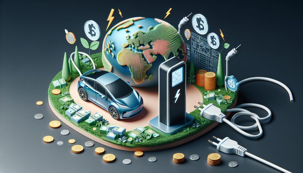 An electric car parked over a sleek, modern inductive charger pad with glowing accents, showcasing advanced charging technology.