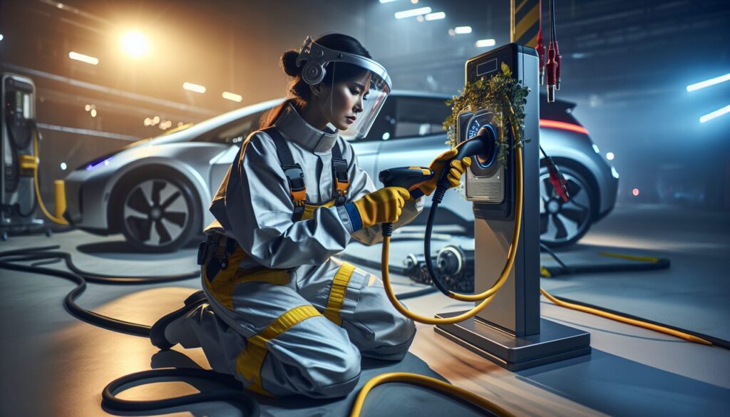 South Asian female engineer in safety gear tests newly installed electric car inductive charger, showcasing advanced technology.