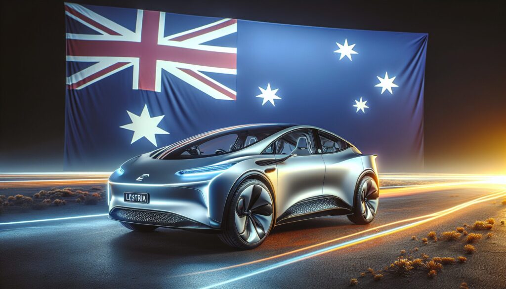 A sleek electric vehicle with aerodynamic curves drives through Australia's natural landscape, highlighting improved efficiency.