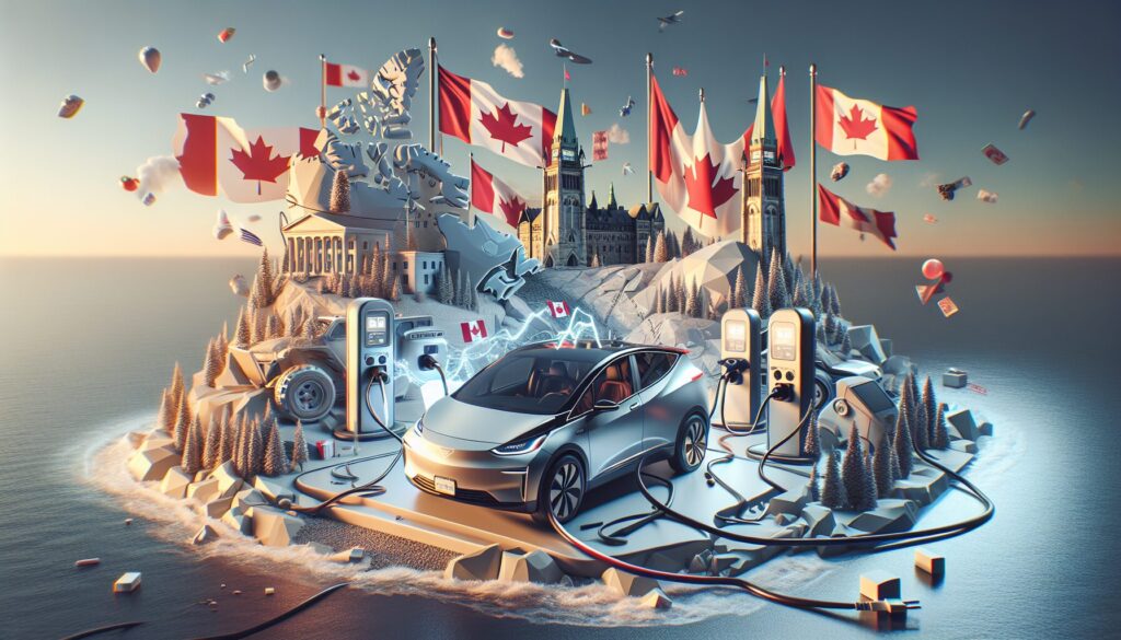 An electric car wirelessly charges amid Canadian nature, showcasing innovation with lighting accentuating tech details.
