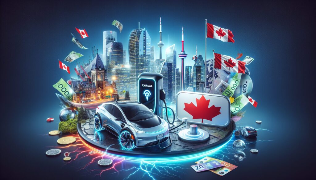 Electric cars wirelessly charging in a scenic Canadian landscape, highlighting leading tech companies and innovation.