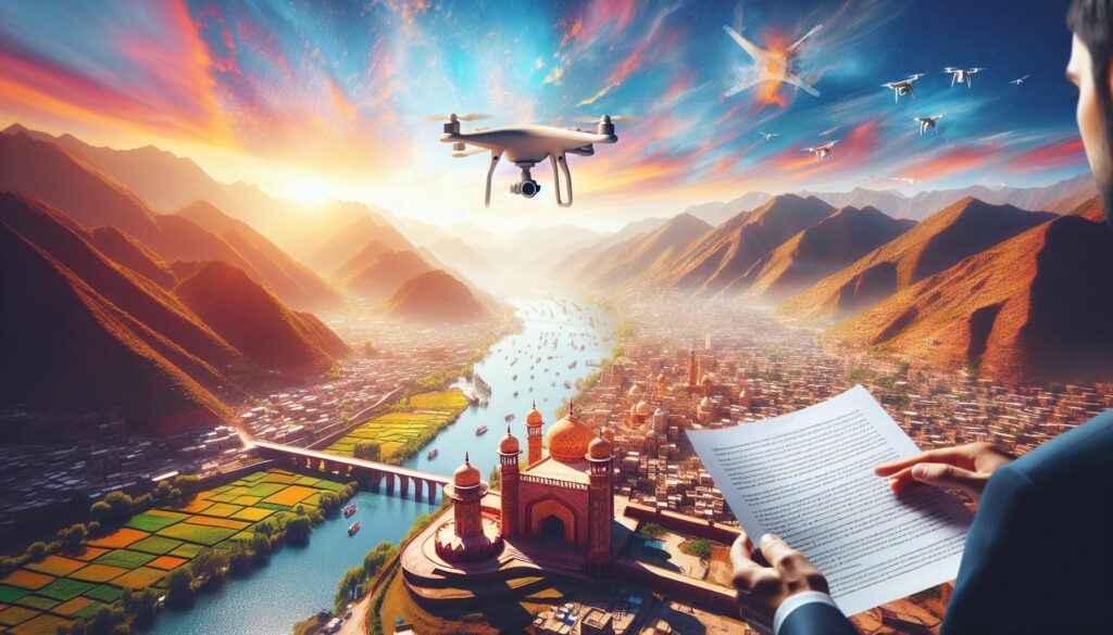 Drone flying over lush Pakistani landscapes with a person reading regulations, highlighting legal aspects of aerial photography.