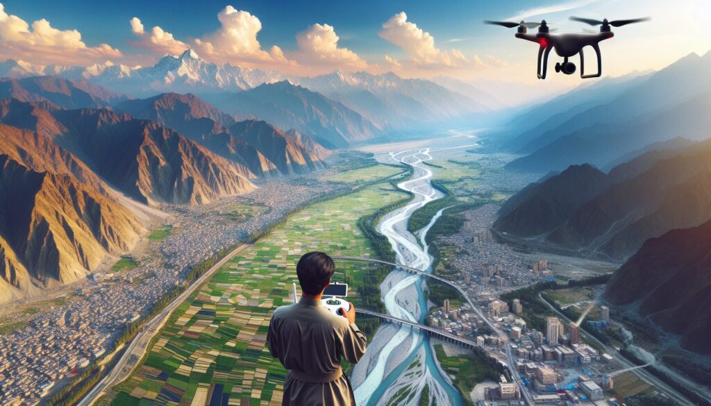 Drone operator of South Asian descent captures Pakistan's diverse landscapes, including mountains, rivers, and cities from above.