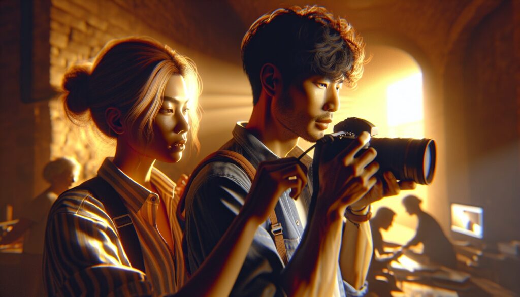 Caucasian female photographer and East Asian male model in golden hour, capturing warm hues during a sunset shoot in Pakistan.