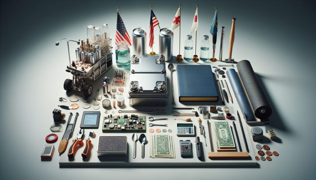 Tools and materials for repurposing EV batteries, neatly arranged in a well-lit, clean workshop setting.