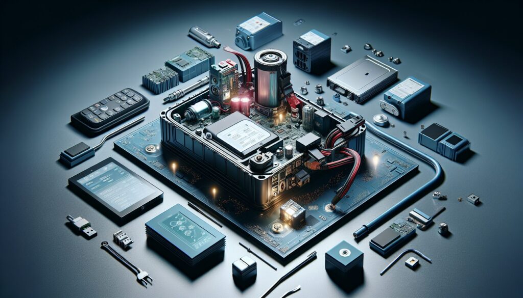 Open EV battery with components repurposed to power small electronics, showcasing technology in a sophisticated, professional style.
