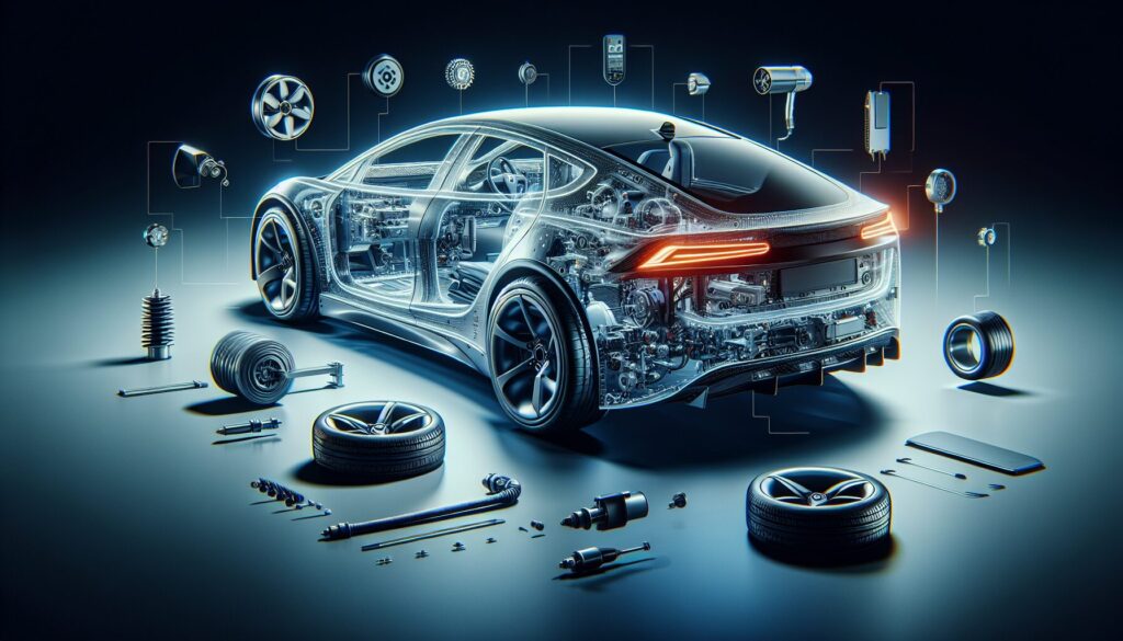 Electric car with aerodynamic focus highlights body design, tire design, and rear spoiler under excellent lighting.