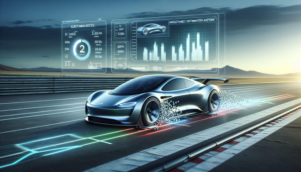 Sleek electric car on a test track, showcasing aerodynamic elements with digital screens monitoring performance.