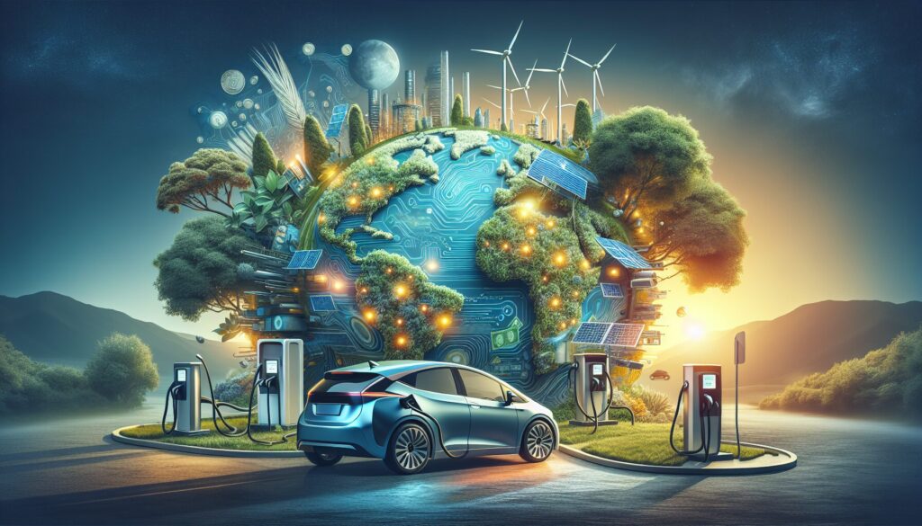 A rural landscape featuring an electric vehicle charging station, blending modern technology with serene natural surroundings.