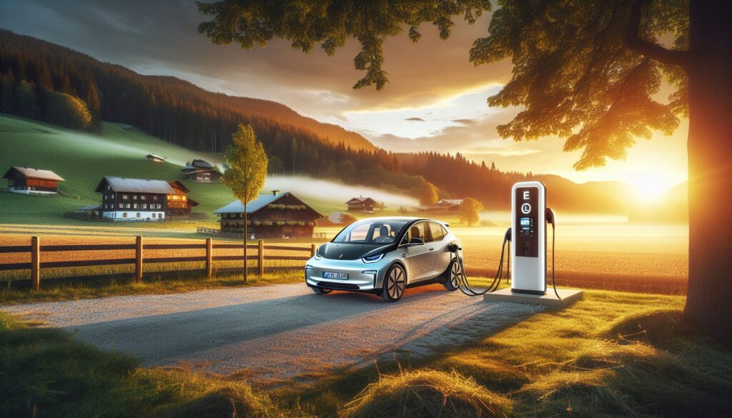 Modern electric vehicle charging station in a scenic rural landscape at sunset, highlighting eco-friendly infrastructure.