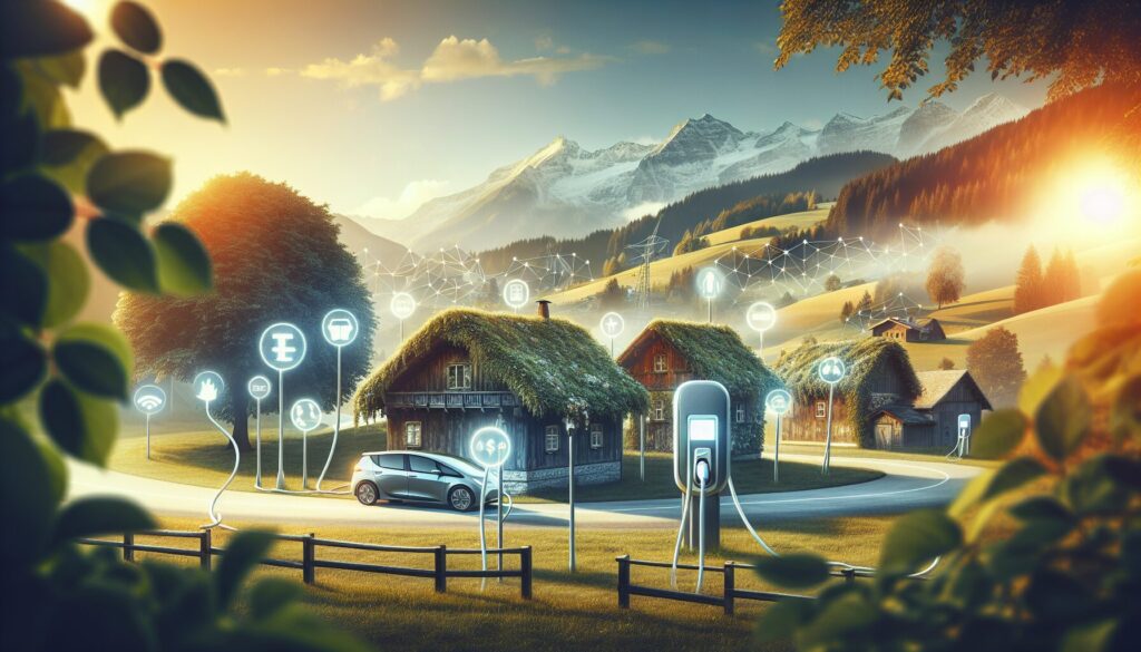 High-resolution image of rural electric vehicle charging stations with lush landscapes and advanced technological features.