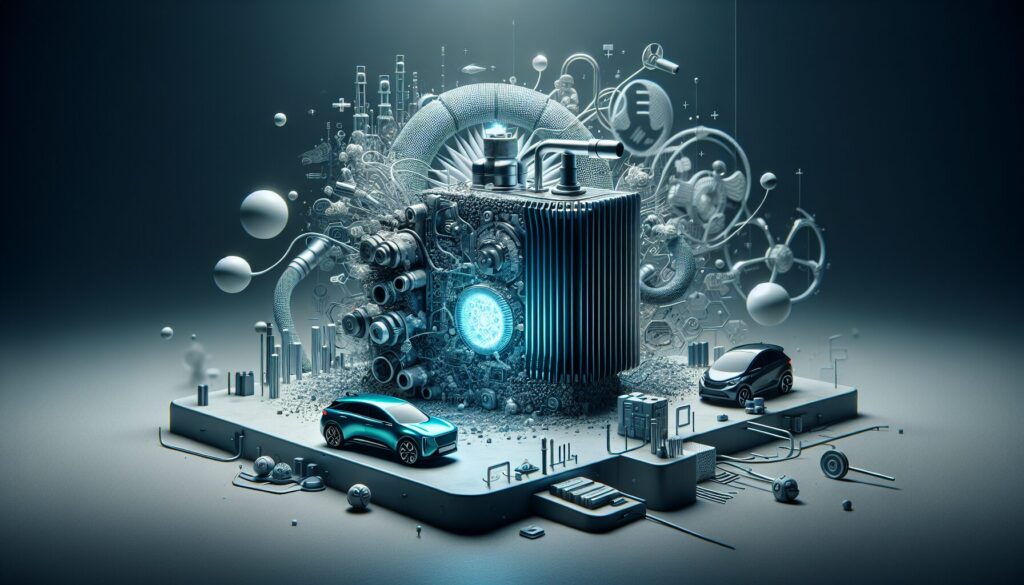 An Expert's Guide to Hydrogen fuel cell technology in electric vehicles. A close-up of a hydrogen fuel cell with abstract shadows symbolizing challenges in electric car technology.