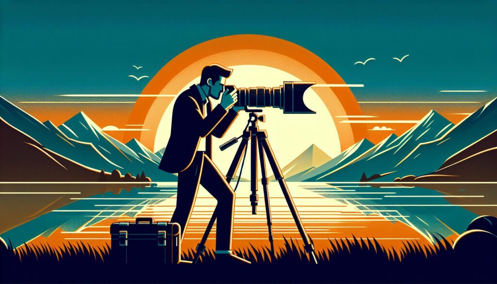 Photographer misaligns camera on tripod, capturing sunrise over mountain lake, illustrating panoramic photography mistakes.