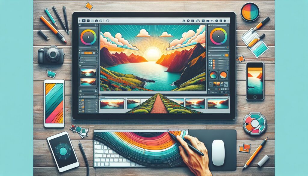 Panoramic image on a screen, photo editing software interface visible, cursor highlighting editing action.