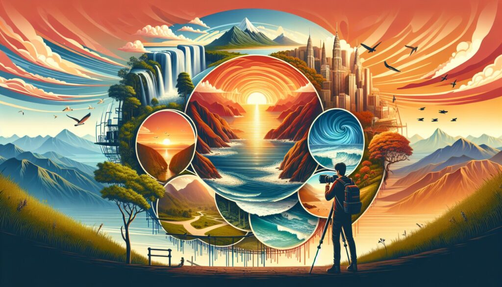 South Asian male photographer captures a 360-degree panoramic scene on a hill, featuring sunset, ocean, forest, and city skyline.