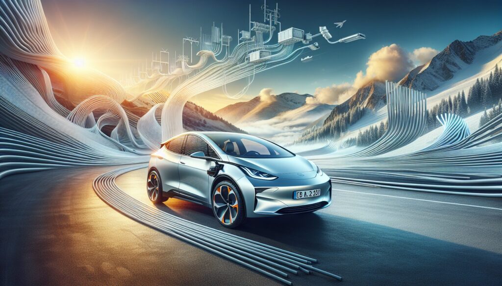 An electric car in a serene landscape, highlighting advanced thermal management systems through sleek design and lighting.
